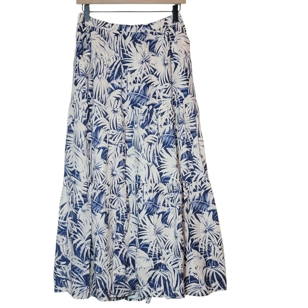 C&C California Floral Palm Print Linen Blend Tiered Midi Skirt Boho Blue White S